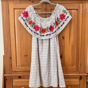 THML Cream Off-Shoulder Midi Dress with Pink & Orange Floral Embroidery